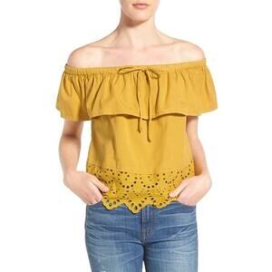 Madewell Top Womens XS‎ Balcony Cotton Blend Eyelet Off Shoulder Mustard Yellow
